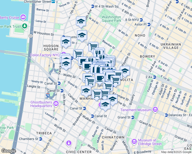 map of restaurants, bars, coffee shops, grocery stores, and more near 533 Broadway in New York