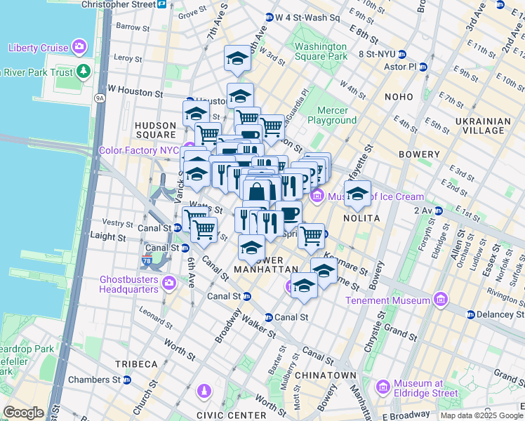 map of restaurants, bars, coffee shops, grocery stores, and more near 71 Greene Street in New York