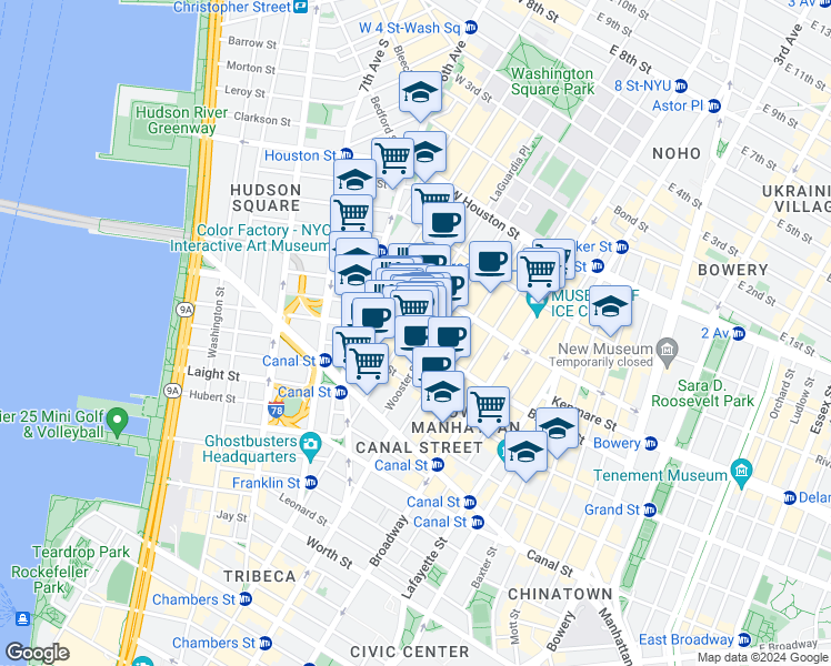 map of restaurants, bars, coffee shops, grocery stores, and more near 418 Broome Street in New York