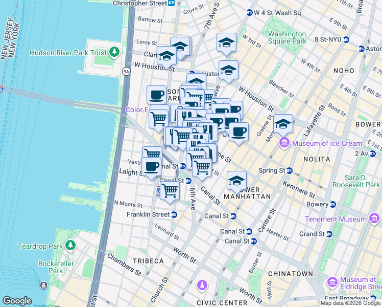 map of restaurants, bars, coffee shops, grocery stores, and more near 101 6th Avenue in New York