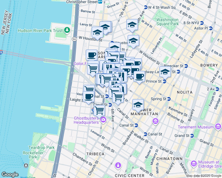 map of restaurants, bars, coffee shops, grocery stores, and more near 52-54 Watts Street in New York