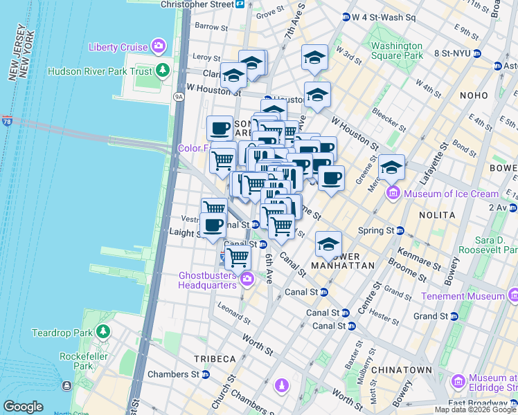 map of restaurants, bars, coffee shops, grocery stores, and more near 52-54 Watts Street in New York