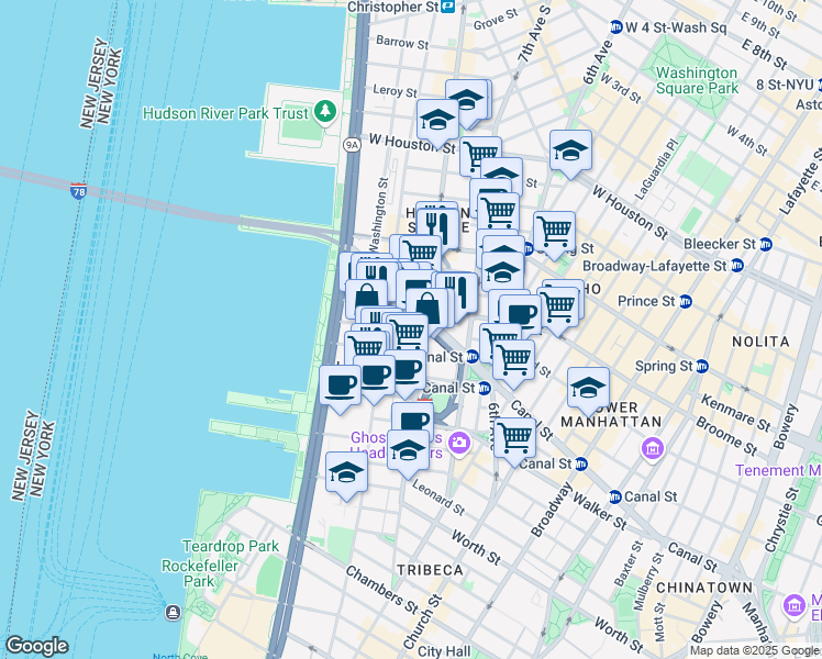 map of restaurants, bars, coffee shops, grocery stores, and more near 480 Canal Street in New York