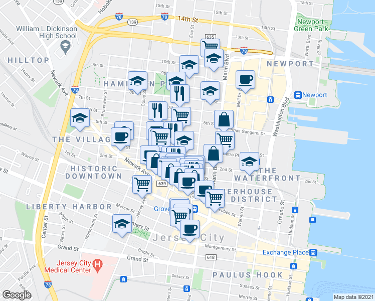 map of restaurants, bars, coffee shops, grocery stores, and more near 204 3rd Street in Jersey City