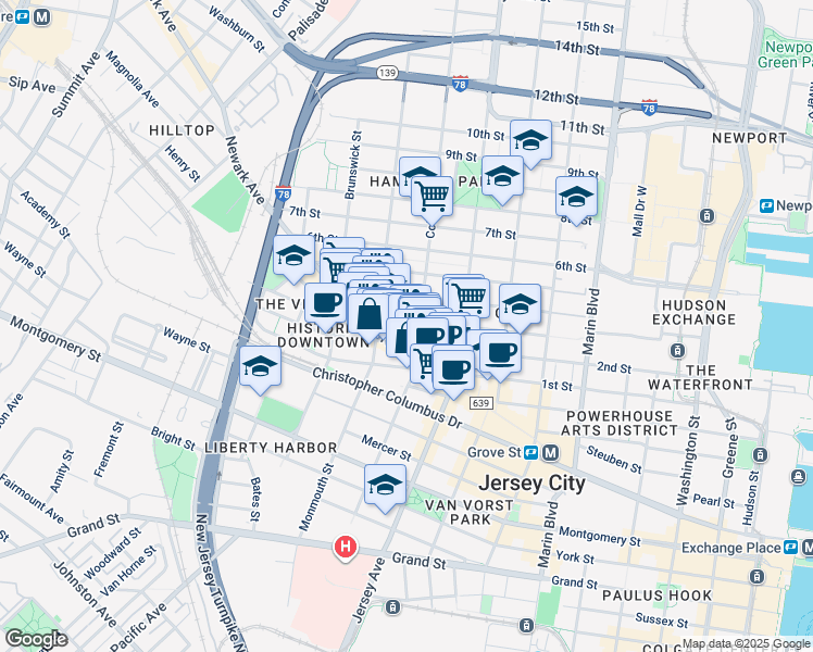 map of restaurants, bars, coffee shops, grocery stores, and more near 49 Coles Street in Jersey City