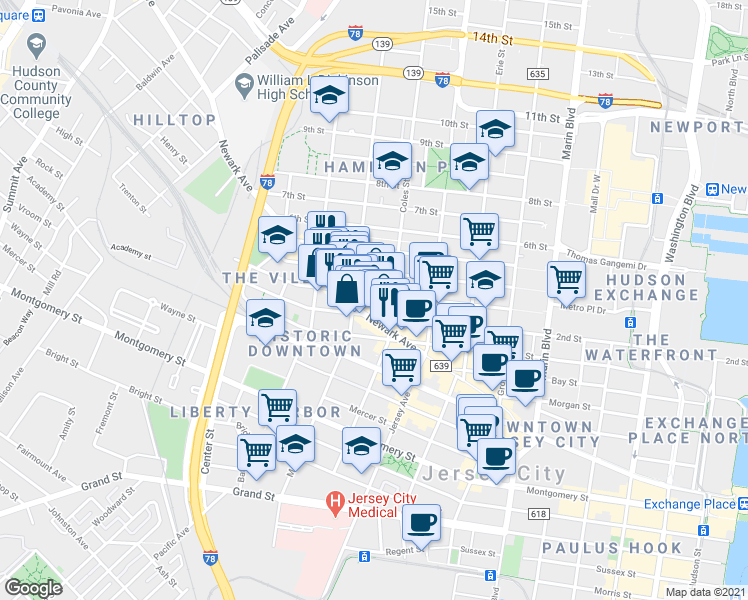 map of restaurants, bars, coffee shops, grocery stores, and more near 323 3rd Street in Jersey City