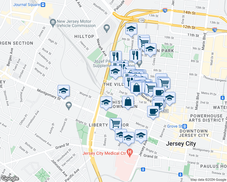map of restaurants, bars, coffee shops, grocery stores, and more near 420 2nd Street in Jersey City