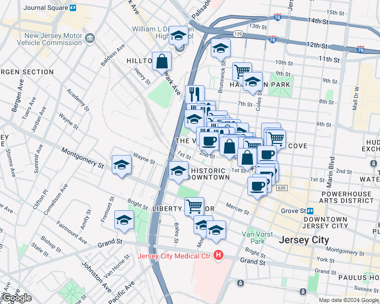 map of restaurants, bars, coffee shops, grocery stores, and more near 443 2nd Street in Jersey City