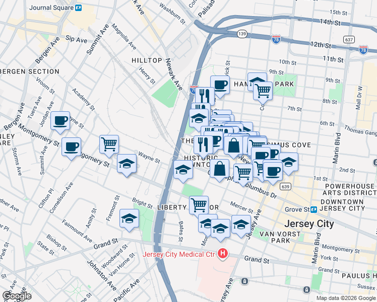 map of restaurants, bars, coffee shops, grocery stores, and more near 419 3rd Street in Jersey City