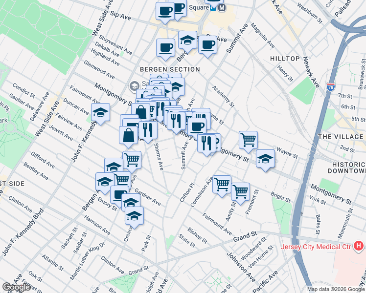 map of restaurants, bars, coffee shops, grocery stores, and more near 246 Summit Avenue in Jersey City