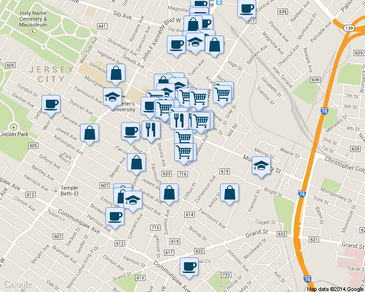 map of restaurants, bars, coffee shops, grocery stores, and more near 246 Summit Avenue in Jersey City