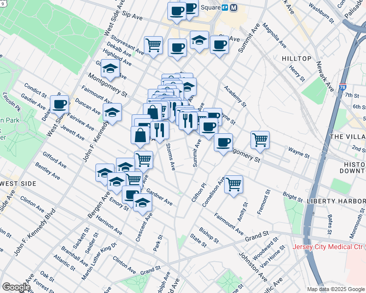map of restaurants, bars, coffee shops, grocery stores, and more near 29 Orchard Street in Jersey City