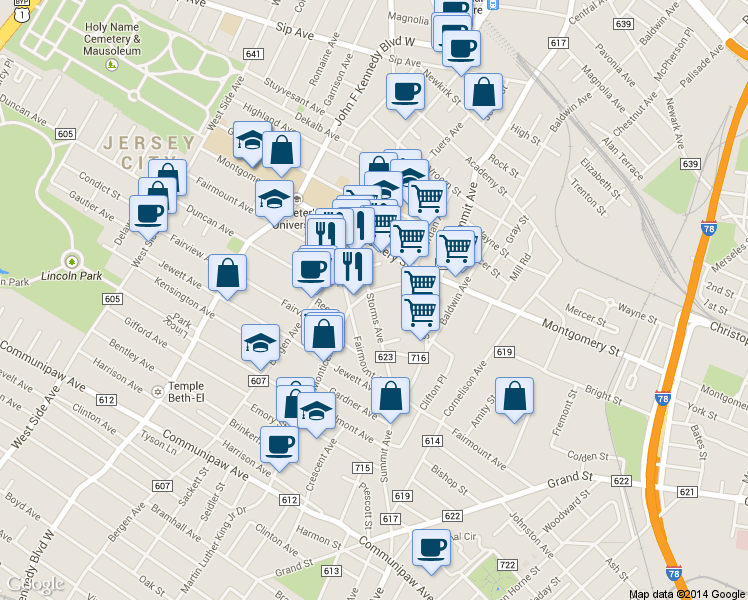 map of restaurants, bars, coffee shops, grocery stores, and more near 254 Monticello Avenue in Jersey City