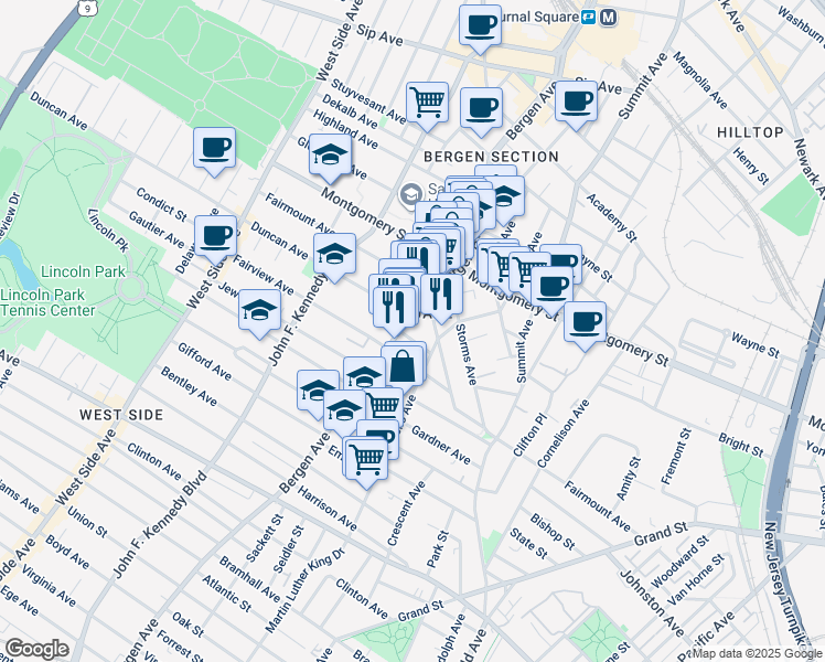 map of restaurants, bars, coffee shops, grocery stores, and more near in Jersey City
