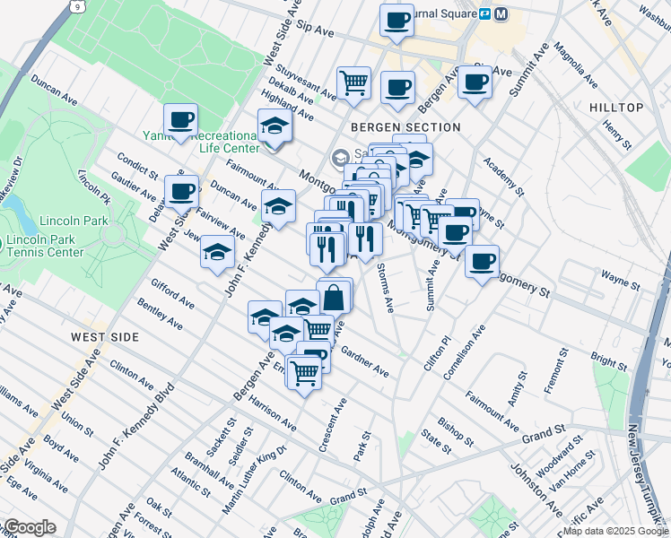 map of restaurants, bars, coffee shops, grocery stores, and more near in Jersey City