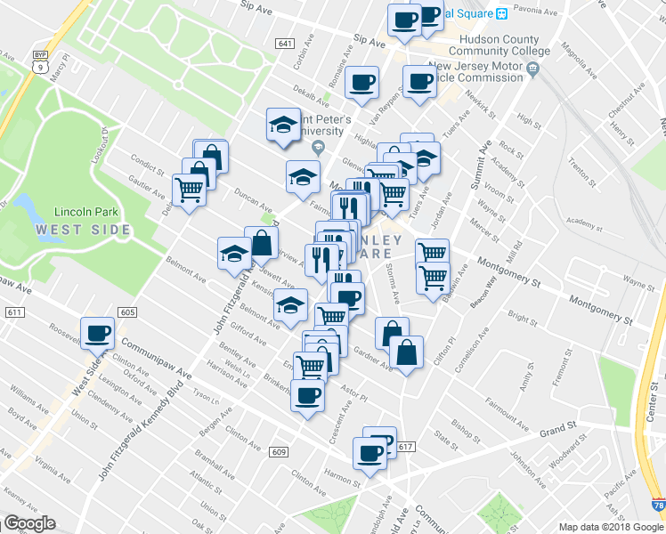 map of restaurants, bars, coffee shops, grocery stores, and more near 74 Fairview Avenue in Jersey City