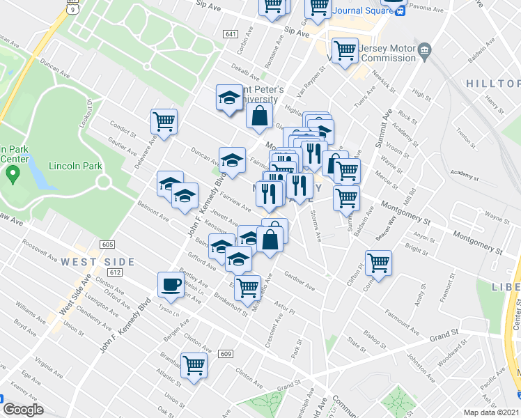 map of restaurants, bars, coffee shops, grocery stores, and more near 74 Fairview Avenue in Jersey City
