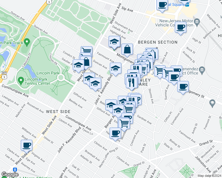 map of restaurants, bars, coffee shops, grocery stores, and more near 103 Fairview Avenue in Jersey City