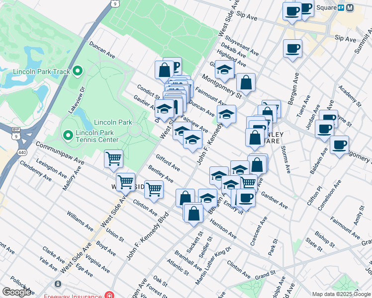map of restaurants, bars, coffee shops, grocery stores, and more near 94 Kensington Avenue in Jersey City