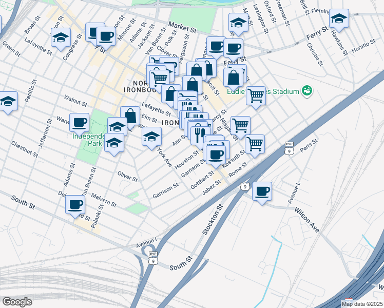map of restaurants, bars, coffee shops, grocery stores, and more near 104 Houston Street in Newark