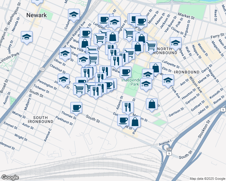 map of restaurants, bars, coffee shops, grocery stores, and more near 228 Oliver Street in Newark