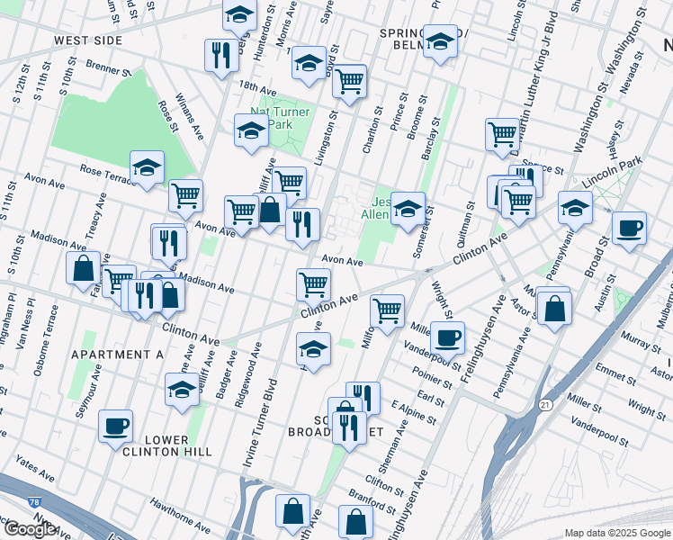 map of restaurants, bars, coffee shops, grocery stores, and more near in Newark