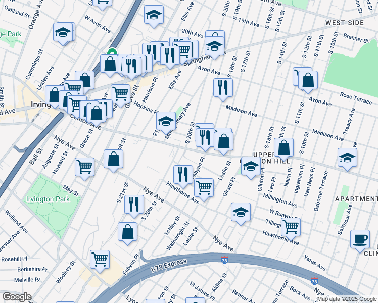 map of restaurants, bars, coffee shops, grocery stores, and more near in Newark