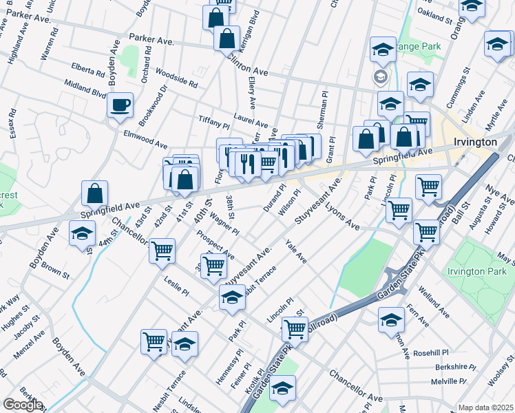 map of restaurants, bars, coffee shops, grocery stores, and more near 55 Bross Place in Irvington