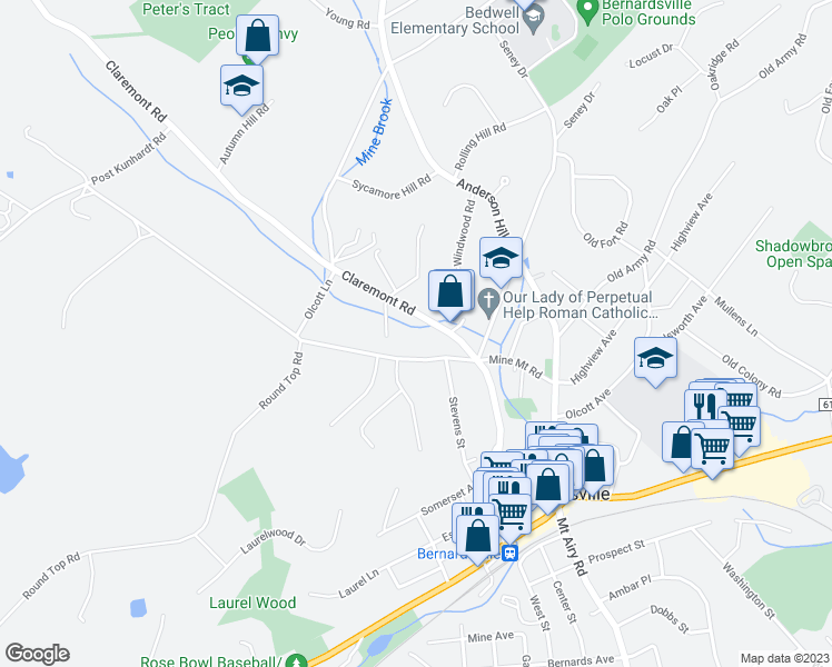 map of restaurants, bars, coffee shops, grocery stores, and more near 16 Thompson Street in Bernardsville