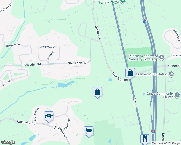 map of restaurants, bars, coffee shops, grocery stores, and more near 121 Eden Way Court in Cranberry Township