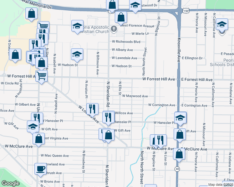 map of restaurants, bars, coffee shops, grocery stores, and more near 609 West Maywood Avenue in Peoria