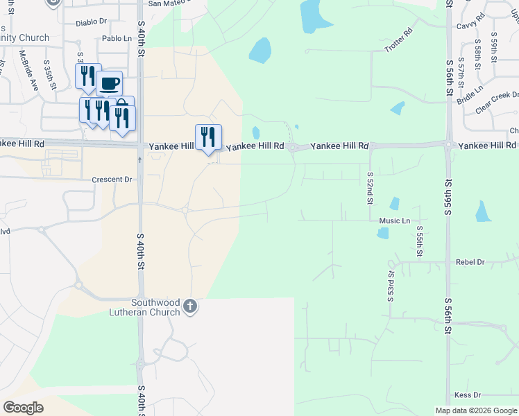 map of restaurants, bars, coffee shops, grocery stores, and more near 4900 Music Lane in Lincoln