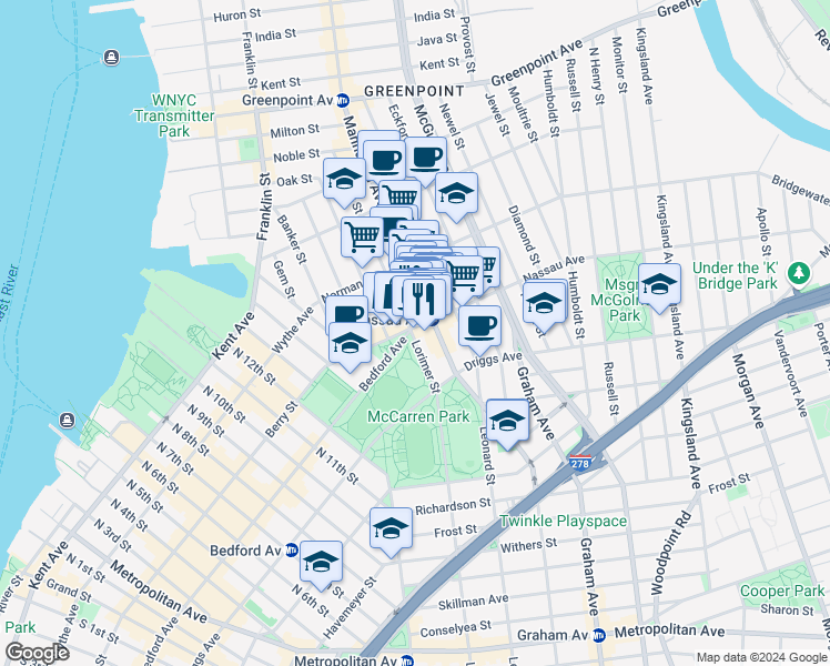 map of restaurants, bars, coffee shops, grocery stores, and more near 66 Nassau Avenue in Brooklyn