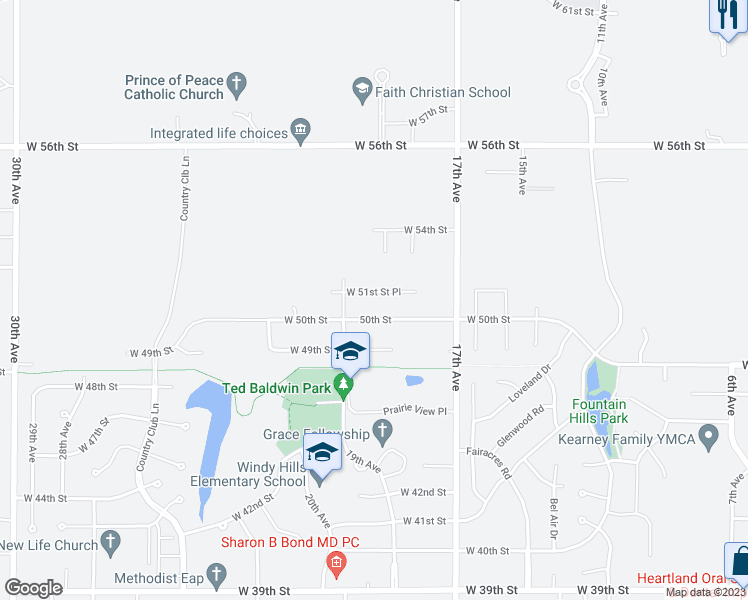 map of restaurants, bars, coffee shops, grocery stores, and more near 1820 West 51st Street Place in Kearney
