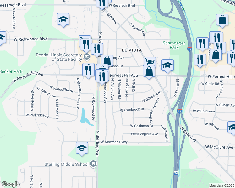 map of restaurants, bars, coffee shops, grocery stores, and more near 2921 North Mission Road in Peoria