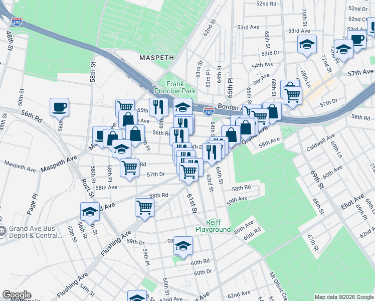 map of restaurants, bars, coffee shops, grocery stores, and more near 61-24 56th Drive in Queens