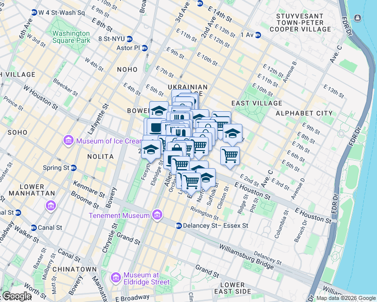 map of restaurants, bars, coffee shops, grocery stores, and more near 105 East 2nd Street in New York