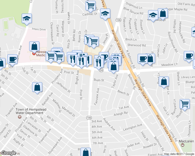 map of restaurants, bars, coffee shops, grocery stores, and more near 2501 Bush Street in East Meadow