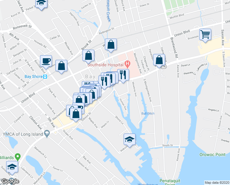 map of restaurants, bars, coffee shops, grocery stores, and more near 8 Homan Avenue in Bay Shore