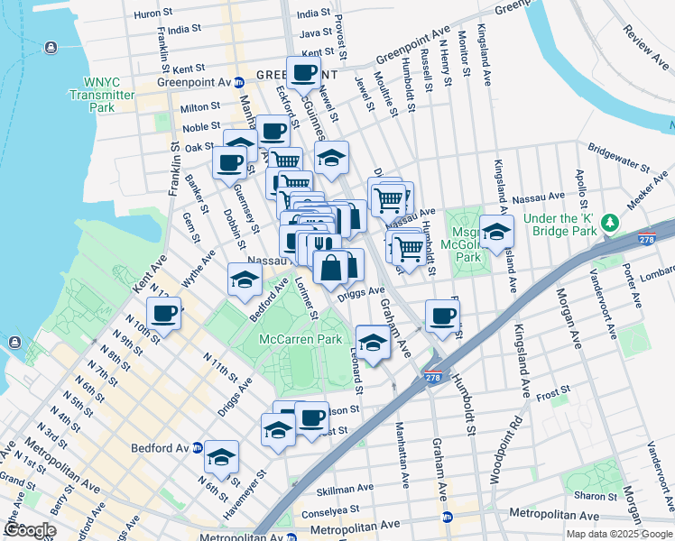 map of restaurants, bars, coffee shops, grocery stores, and more near Leonard Street in Brooklyn