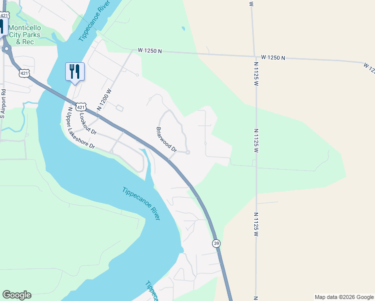 map of restaurants, bars, coffee shops, grocery stores, and more near 11601 Briarwood Drive in Monticello