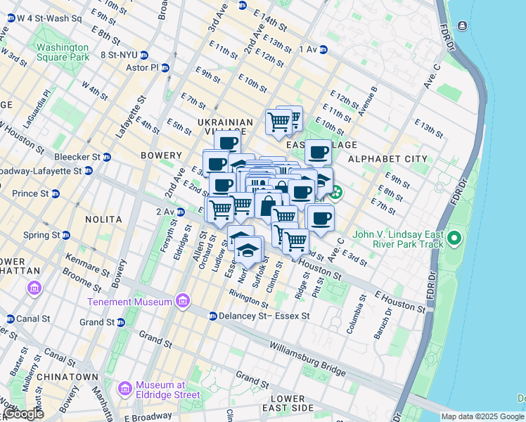 map of restaurants, bars, coffee shops, grocery stores, and more near 150 East 3rd Street in New York