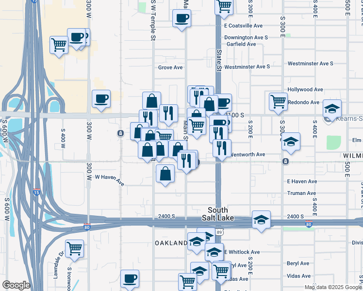 map of restaurants, bars, coffee shops, grocery stores, and more near 2200 South Main Street in South Salt Lake