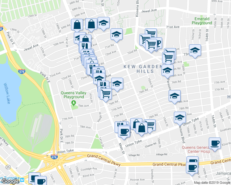 map of restaurants, bars, coffee shops, grocery stores, and more near 144-49 76th Avenue in Queens