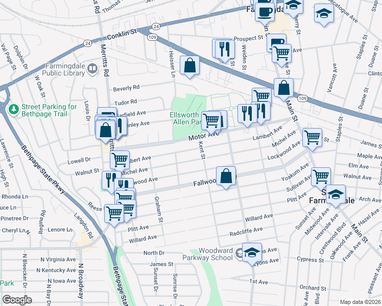 map of restaurants, bars, coffee shops, grocery stores, and more near 84 Lambert Avenue in Farmingdale