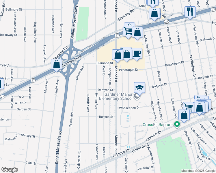 map of restaurants, bars, coffee shops, grocery stores, and more near 1078 Thompson Drive in Bay Shore