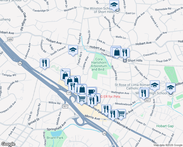 map of restaurants, bars, coffee shops, grocery stores, and more near 300 Forest Drive South in Essex County
