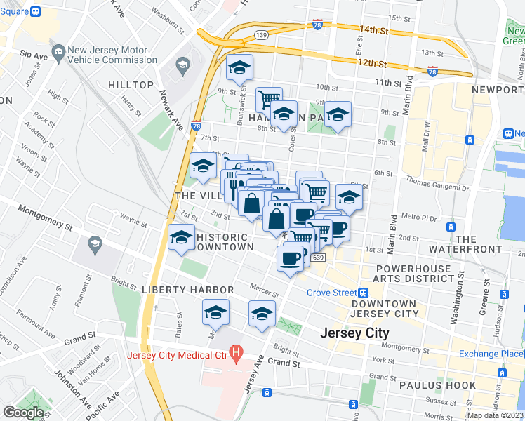 map of restaurants, bars, coffee shops, grocery stores, and more near 325 3rd Street in Jersey City