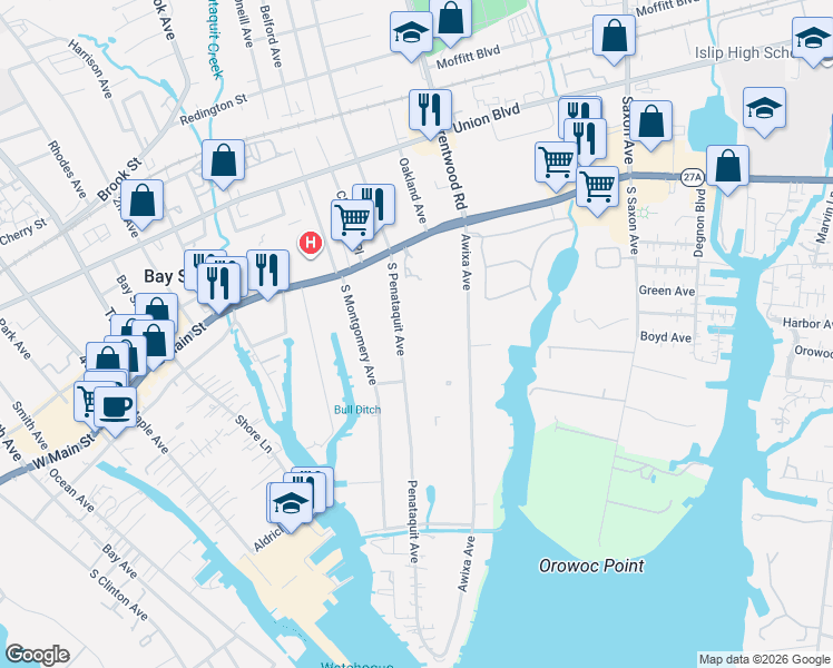 map of restaurants, bars, coffee shops, grocery stores, and more near 35 South Penataquit Avenue in Bay Shore