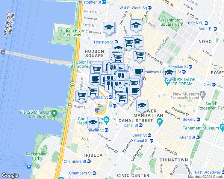 map of restaurants, bars, coffee shops, grocery stores, and more near 80 Varick Street in New York